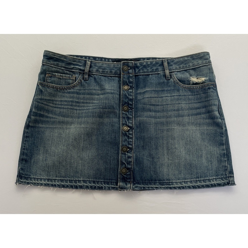 Hollister Y2K Size 15 W32 Mini Skirt Denim Button Front Preppy Raw Hem Blue